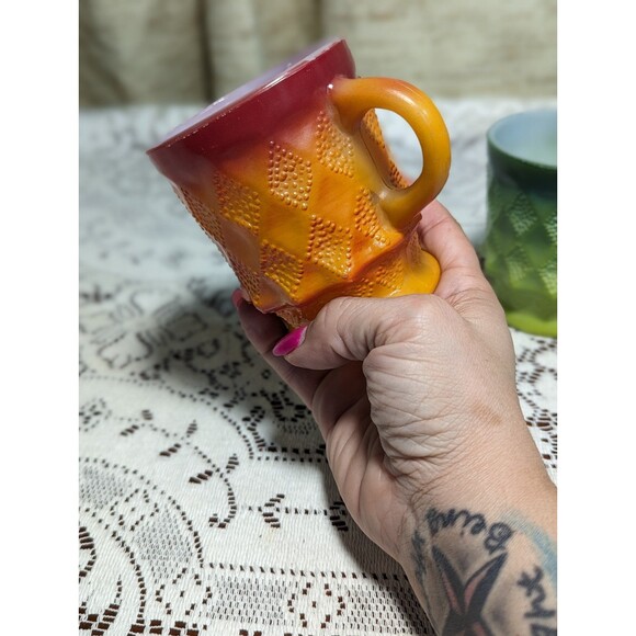 Vintage Kimberly Diamond Anchor Hocking Fire King Glass Set of 2 Mugs  Green Red - Picture 11 of 12